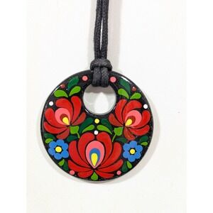 ZEMA Matyo Black Red Flower Folk Necklace Hand Painted Porcelain 30 in
